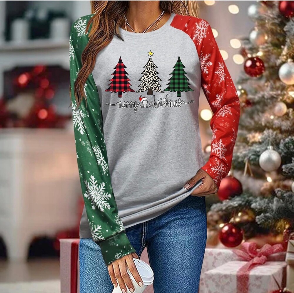 Women’s Christmas Shirt Long Sleeve Color Block Trees Snowflake Holiday Top